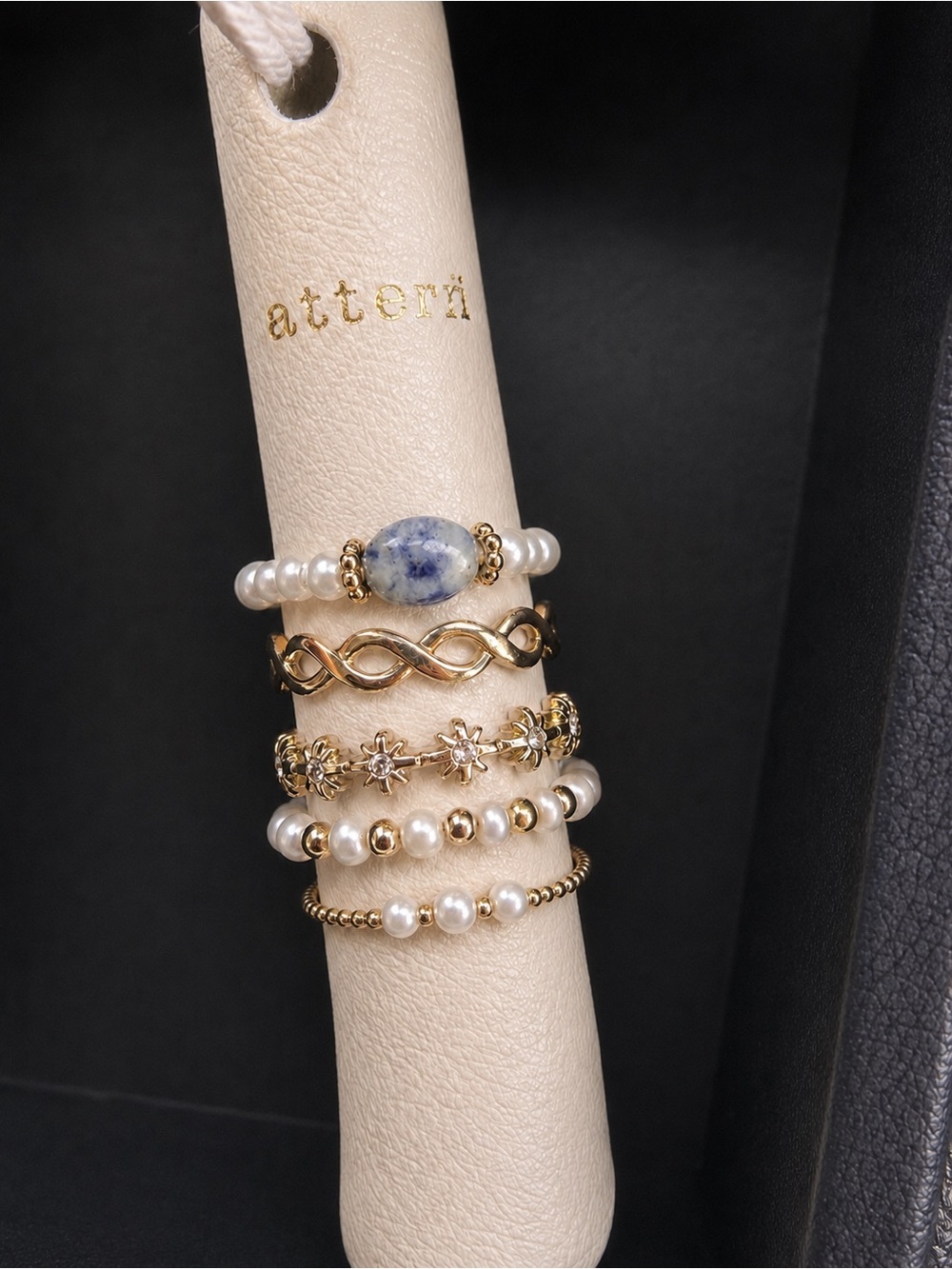 Gold Pearl Stack Ring Set with Blue Stone Accent